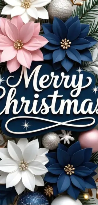 Merry Christmas floral wallpaper with festive decorations.