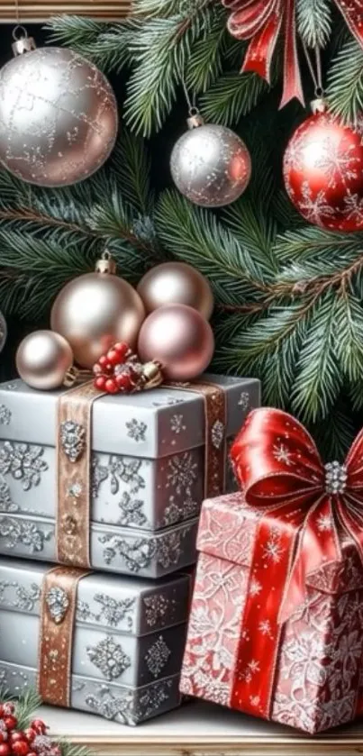 Christmas gift boxes with festive ornaments and greenery.