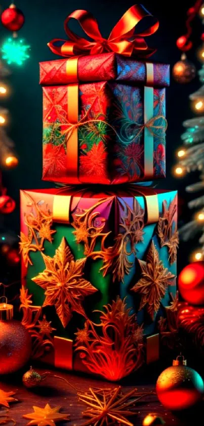 Christmas gift boxes with festive lights and decorations.