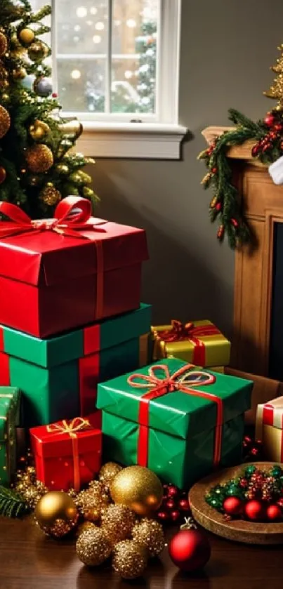 Christmas gifts and tree in festive room display.