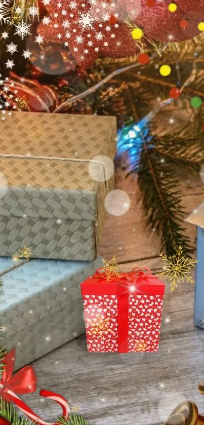 Christmas gifts under a decorated tree.