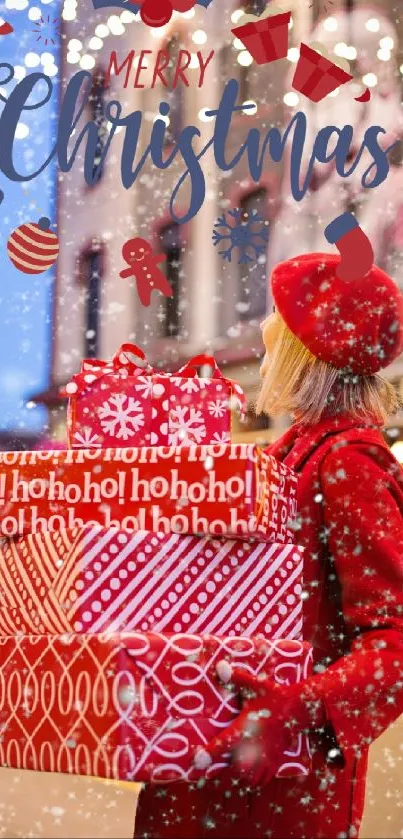 Woman in red with Christmas gifts amidst snow.