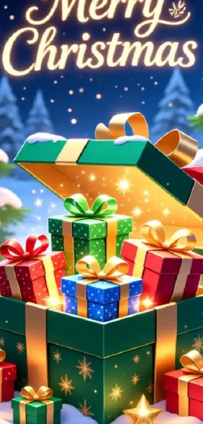 Colorful Christmas gifts under snowy trees.