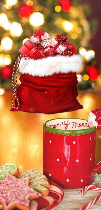 Christmas gift sack with mug and cookies by the tree.