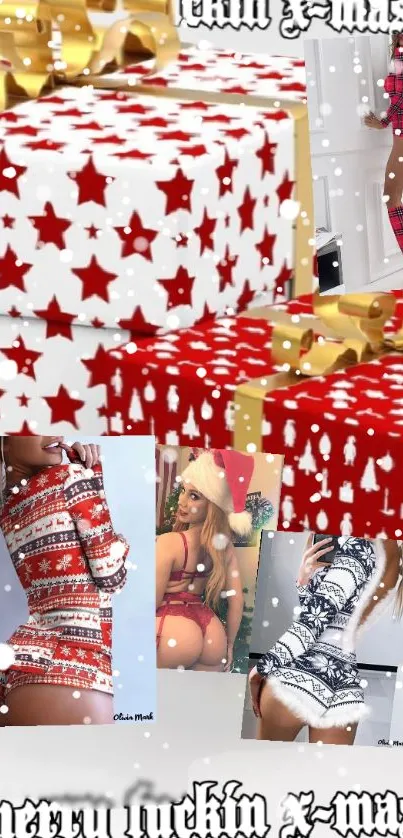 Festive Christmas wallpaper with stars and gifts.