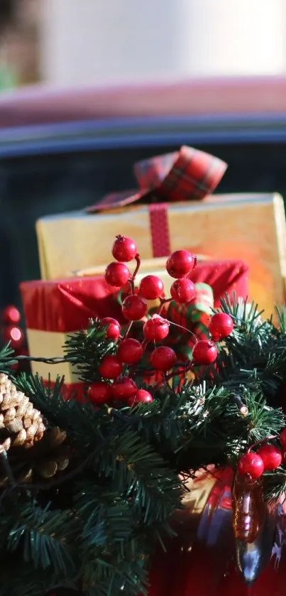 Festive Christmas gifts on a decorated car with greenery and pine cones.
