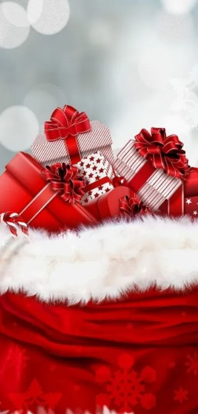 Christmas gift wallpaper with red presents and white snow.