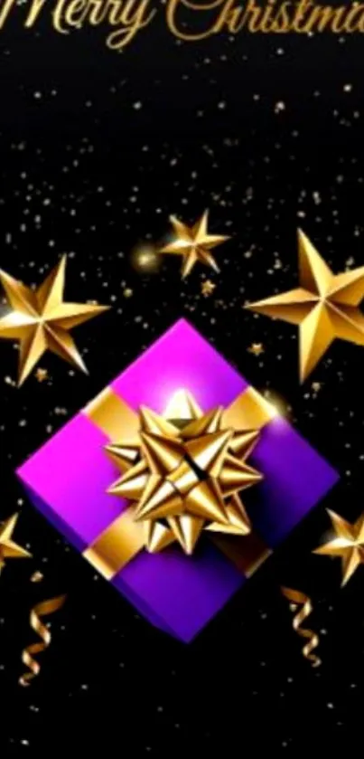 Christmas mobile wallpaper with purple gift, gold ribbon, and stars.