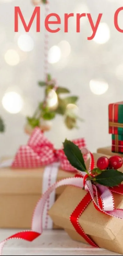 Christmas gifts with festive ribbons and holiday lights.