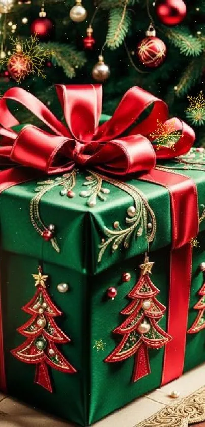 Christmas gift wrapped in green with red ribbons under a decorated tree.