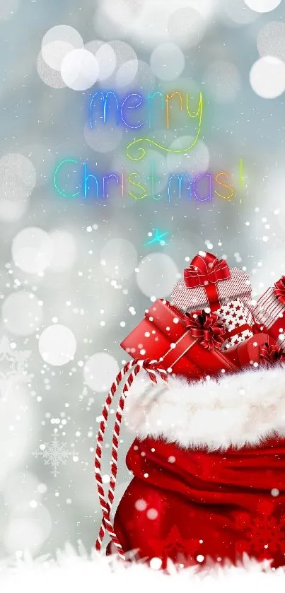 Festive Christmas mobile wallpaper with red Santa bag and gifts.