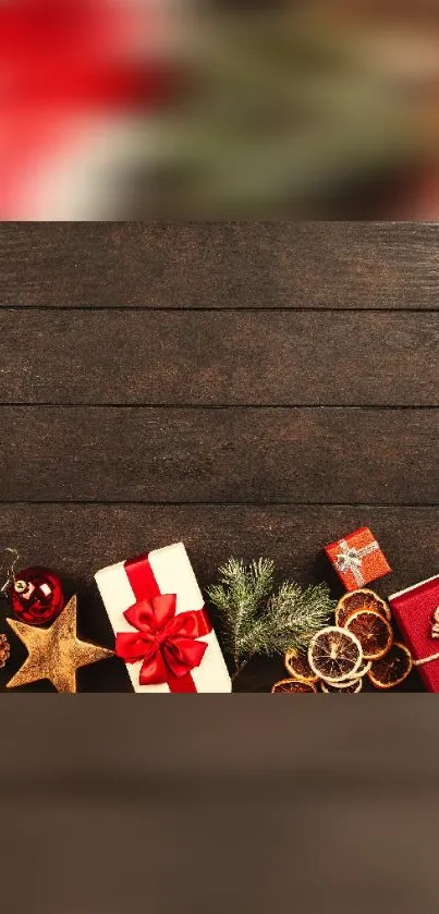 Christmas gifts and decor on a rustic wooden background.