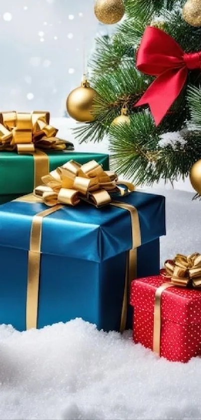 Festive Christmas presents under tree with decorations.
