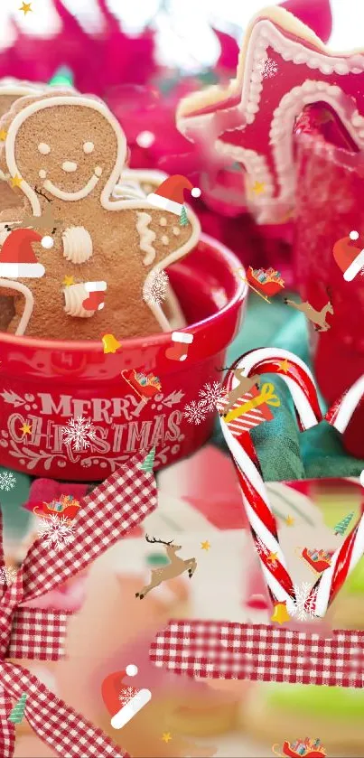 Festive Christmas wallpaper with gingerbread cookies and candy canes.