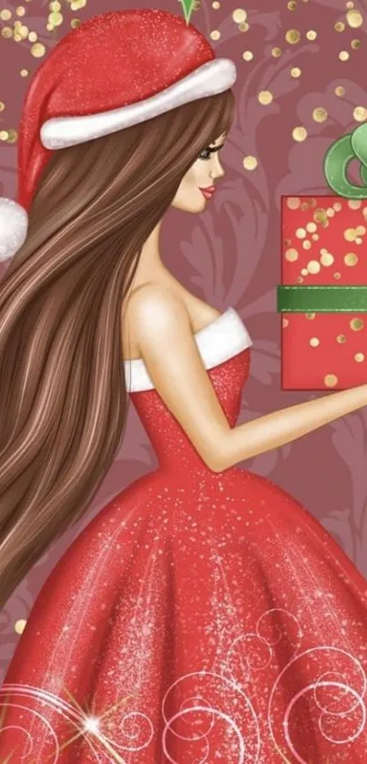 Festive girl in red Santa dress holding a gift box with holly leaves.