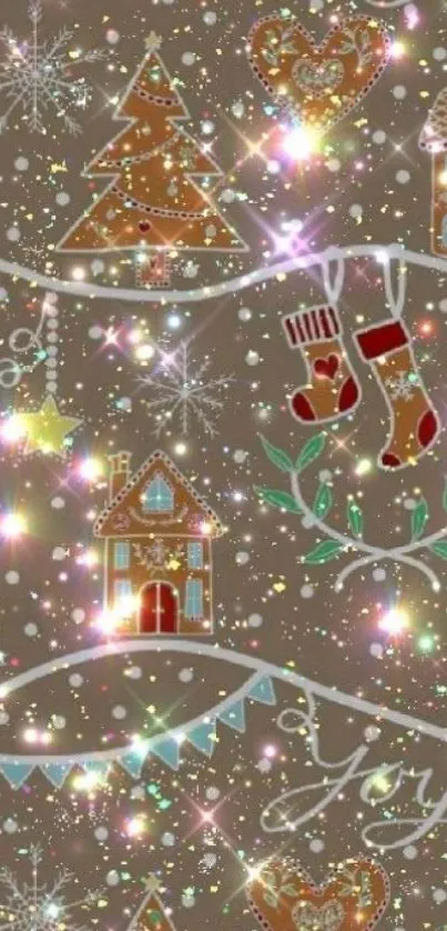 Glittery Christmas wallpaper with gingerbread motifs and festive decorations.