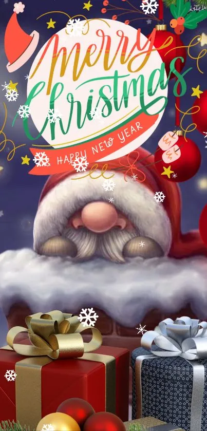 Charming gnome with Christmas gifts and decorations in festive wallpaper.