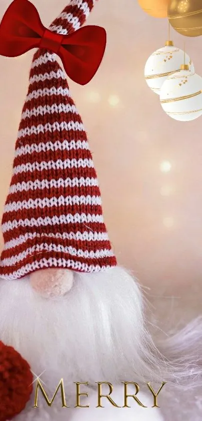 Christmas gnome with striped hat and ornaments wallpaper.