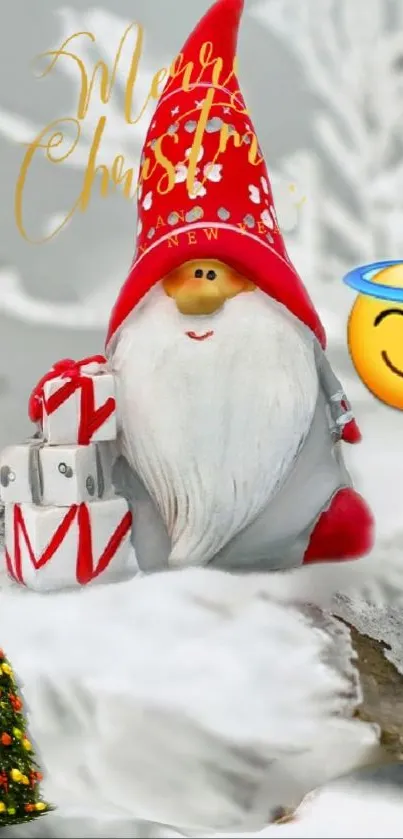 Festive gnome with gifts in snowy Christmas scene.