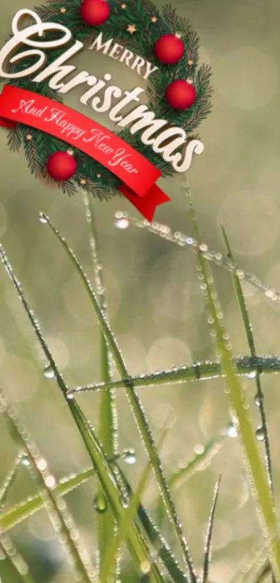 Dew-covered grass with a festive Christmas wreath overlay.