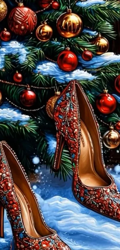 Festive high heels beside a Christmas tree adorned with ornaments.