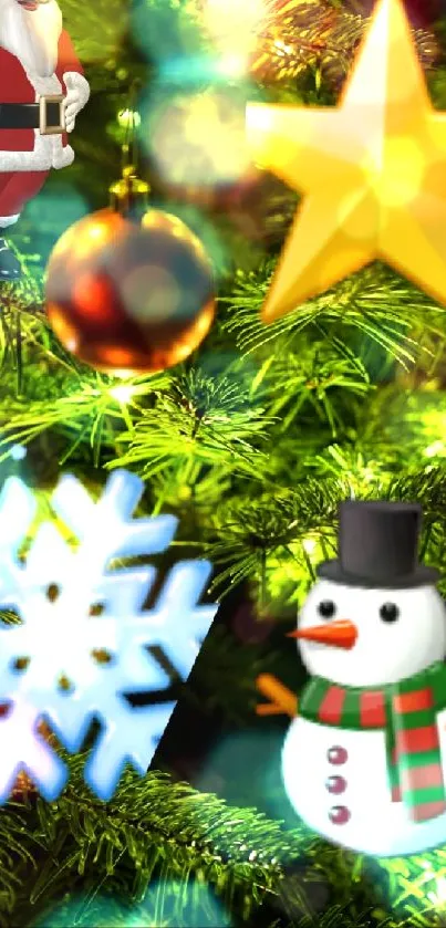 Christmas wallpaper with Santa, star, snowflake, and snowman on green tree.