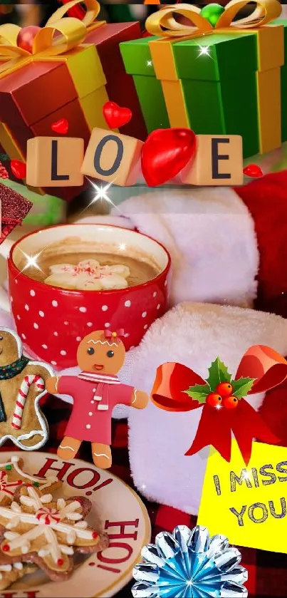 Festive Christmas collage with gifts, cookies, and hot chocolate.