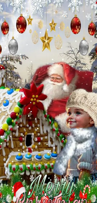 Christmas scene with Santa, snowflakes, and gingerbread house on mobile wallpaper.