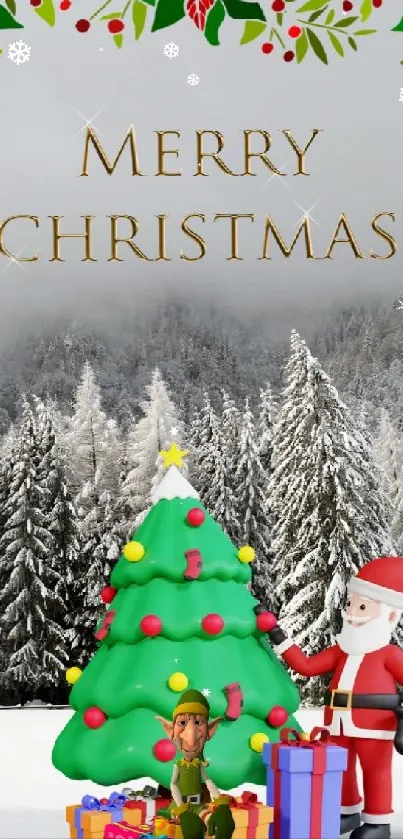 Christmas wallpaper with Santa and tree in snowy landscape.
