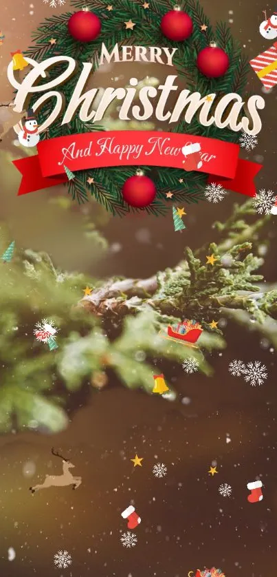 Merry Christmas and Happy New Year festive wallpaper with decorations.