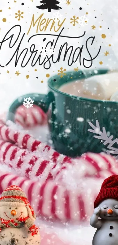 Festive Christmas wallpaper with snowmen, candy canes, and decorative cup.