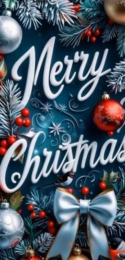 Festive Christmas wallpaper with ornaments and pine.