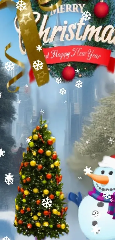 A cheerful Christmas wallpaper with a snowman and decorated tree in a snowy setting.