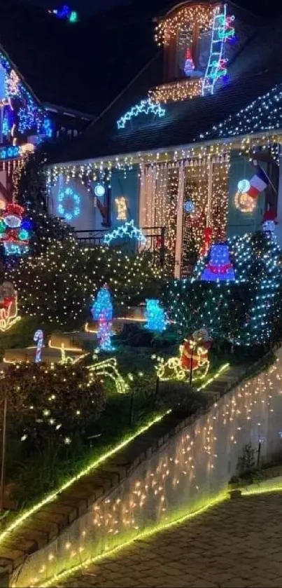 Brightly lit house with Christmas decorations creating a festive holiday atmosphere.