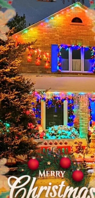 Festive house with Christmas lights and snow, creating a cheerful holiday atmosphere.