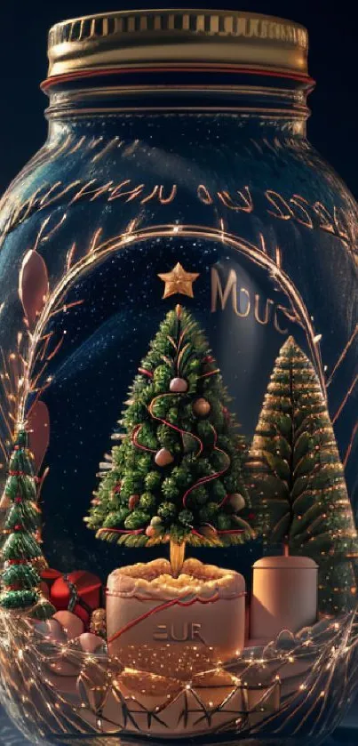 Christmas decorations in a jar with festive lights and trees.