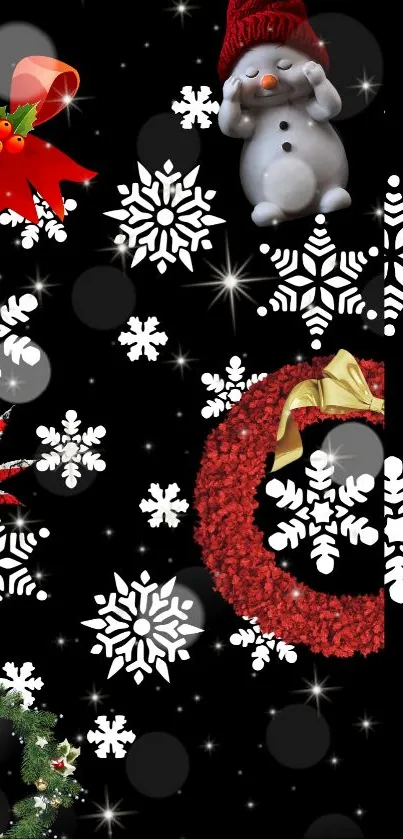 Christmas wallpaper with snowflakes and festive decorations on black background.