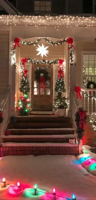 Festive Christmas porch with colorful lights and snowy landscape.