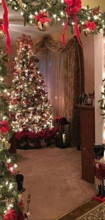 Festively decorated living room with Christmas tree and lights.