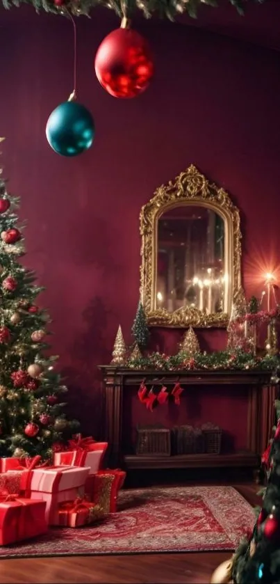 Christmas living room with tree and gifts.