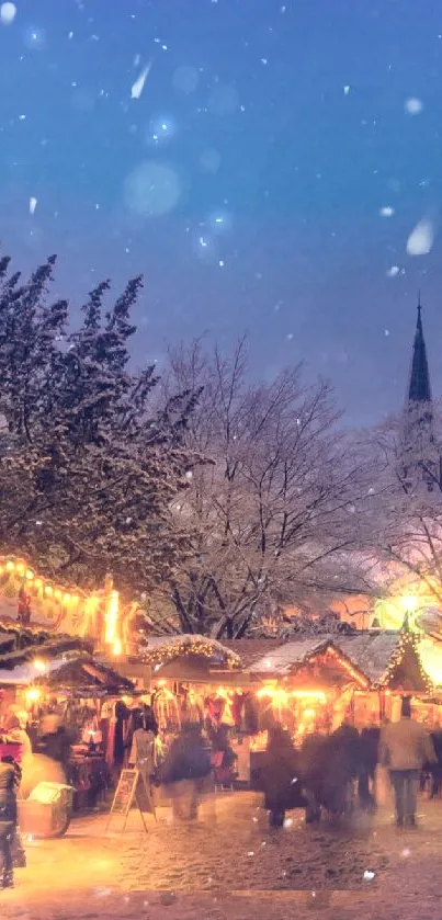 Enchanting Christmas market with lights and snow.