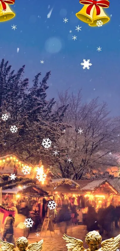 Festive Christmas market evening under a snowy sky with holiday lights and decor.