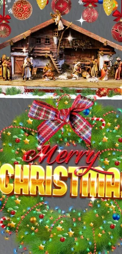 Christmas wallpaper with wreath and nativity scene.