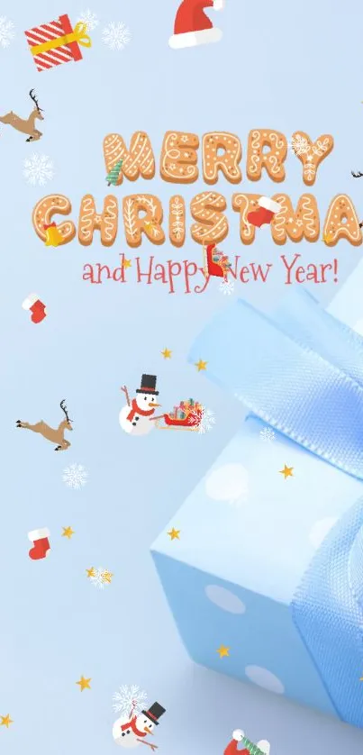 Festive Christmas wallpaper with gifts and snowmen on pastel blue.