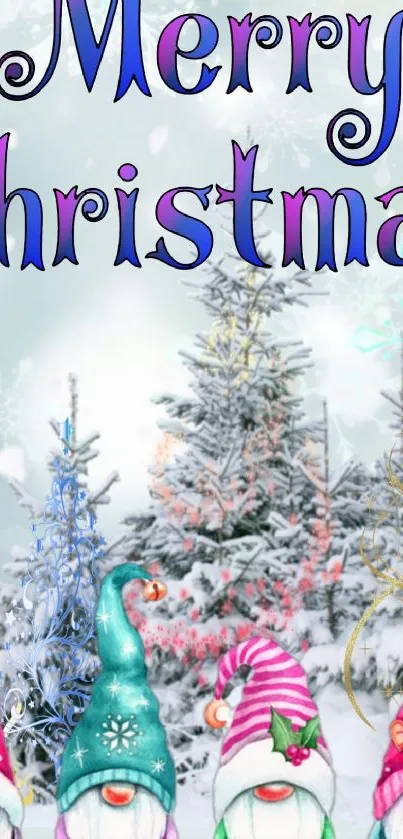 Merry Christmas wallpaper with gnomes and festive colors.