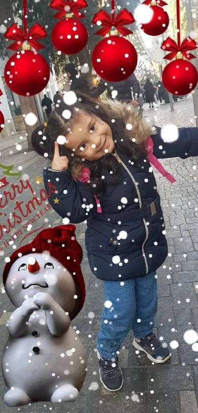 Festive mobile wallpaper with snowman and red ornaments.