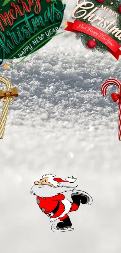 Festive Christmas wallpaper with Santa, snow, and candy canes.