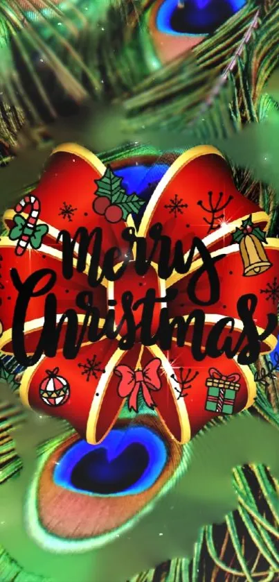 Merry Christmas text with peacock feathers background.