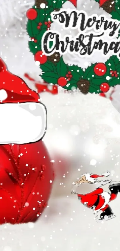 Festive Christmas wallpaper with Santa and holiday wreath on a phone screen.