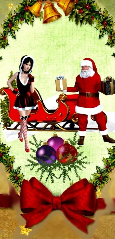 Festive Christmas wallpaper with Santa and wreath